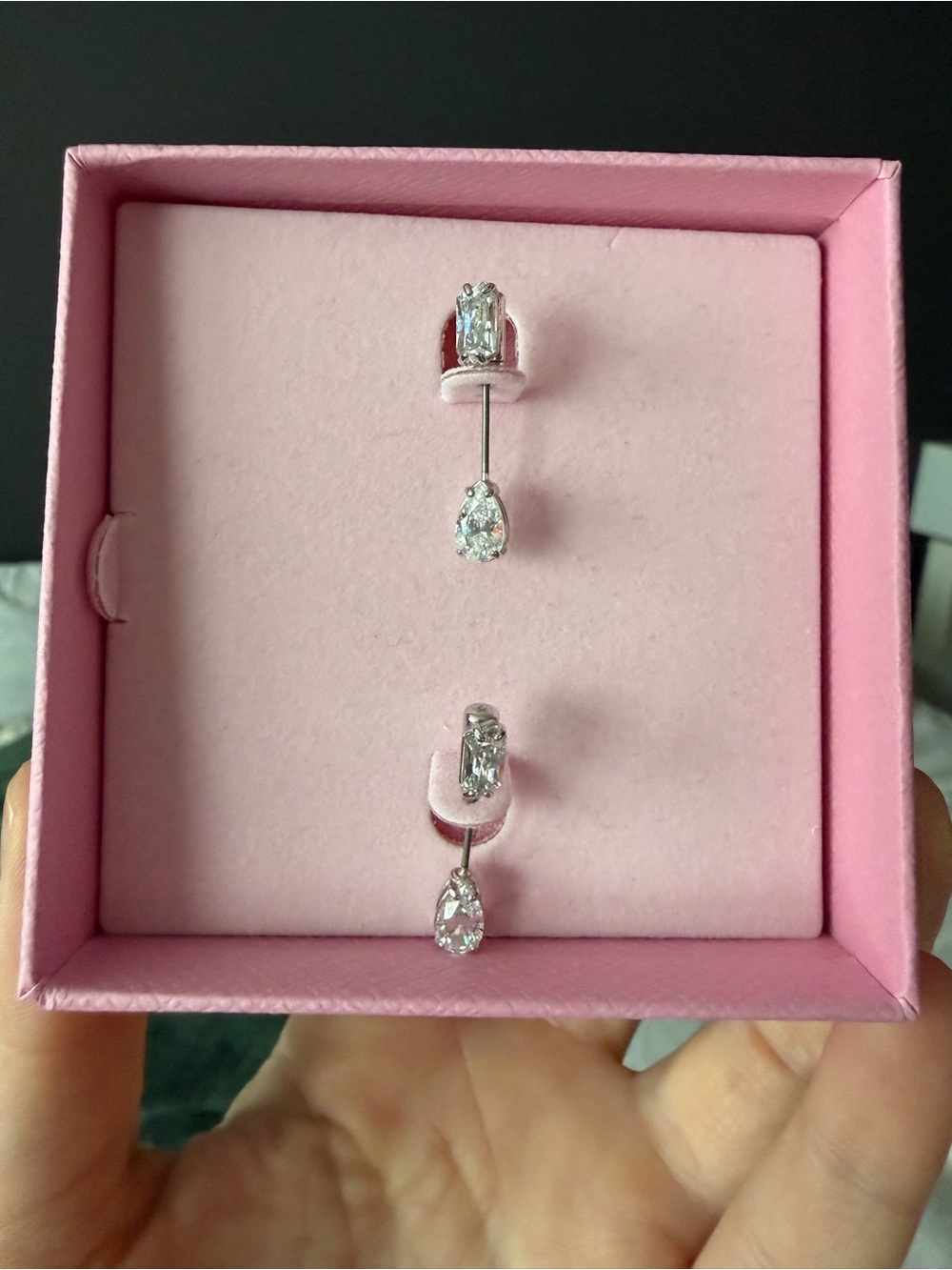 NWOT Swarovski Crystal Baguette & Pear Drop Earrings | Rhodium Plated - Picture 4 of 11